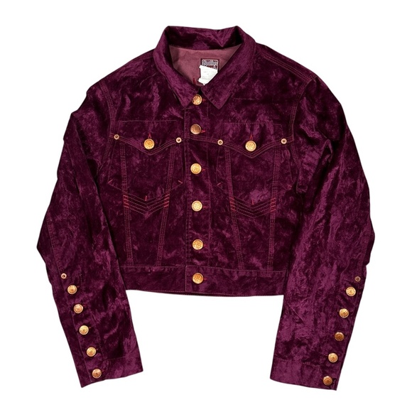 Vintage Jean Paul Gaultier Jeans Velvet Purple Gold Trucker Jacket Womens XS - Picture 1 of 14